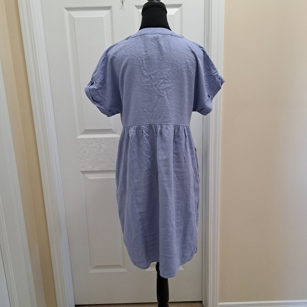 NWOT Briggs New York Blue Linen Dress Small V-neck Short Sleeved - Picture 8 of 13